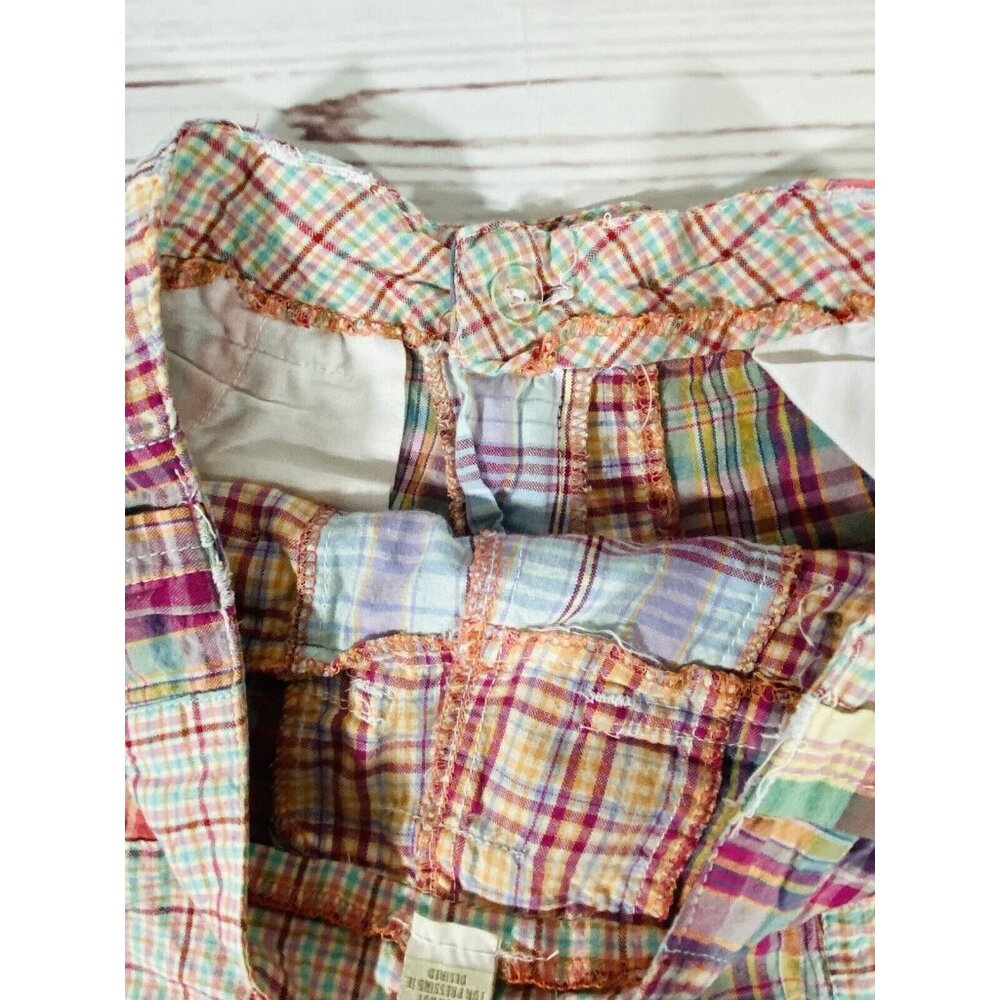 Zoo Plaid Shorts Womens Sz 0 Flat Front 11” Inseam Longer Pink Tan Rolled Cuff - Picture 7 of 10